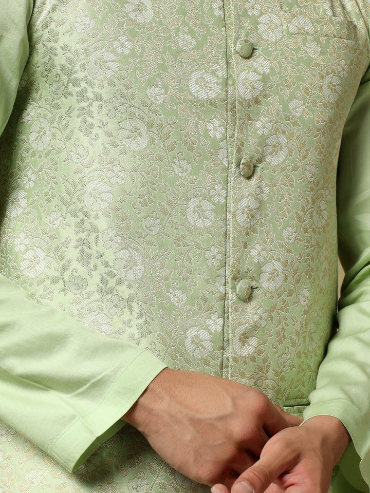 CHAAP MEN'S PISTA GREEN DOLA SILK GREEN KURTA SET WITH BROCADE JACKET - Pomcha Jaipur