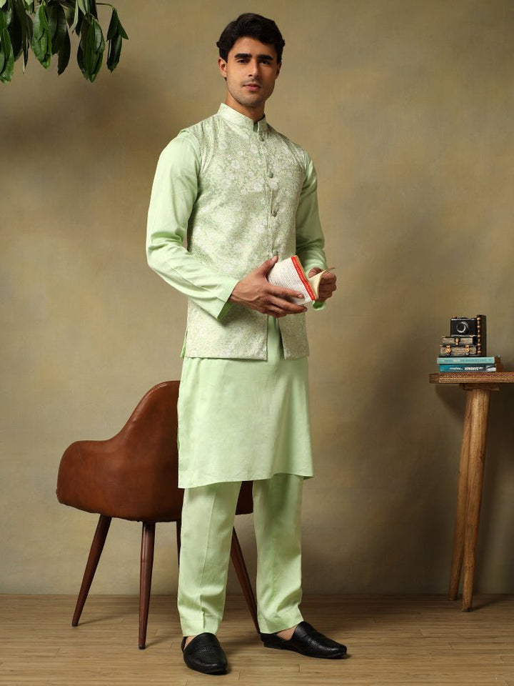 CHAAP MEN'S PISTA GREEN DOLA SILK GREEN KURTA SET WITH BROCADE JACKET - Pomcha Jaipur