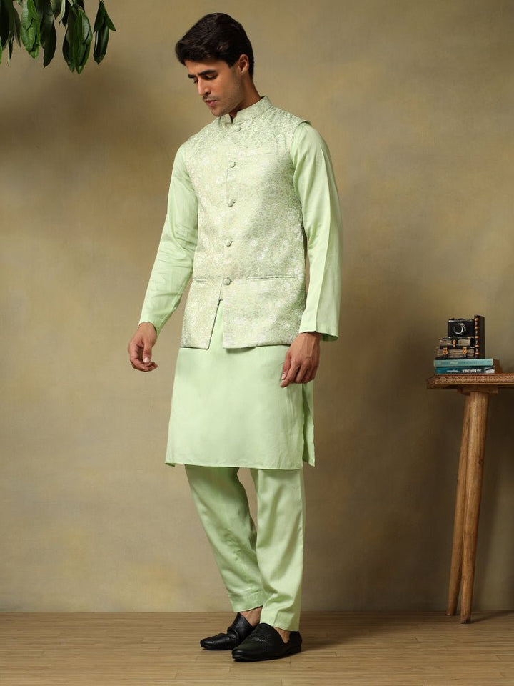 CHAAP MEN'S PISTA GREEN DOLA SILK GREEN KURTA SET WITH BROCADE JACKET - Pomcha Jaipur