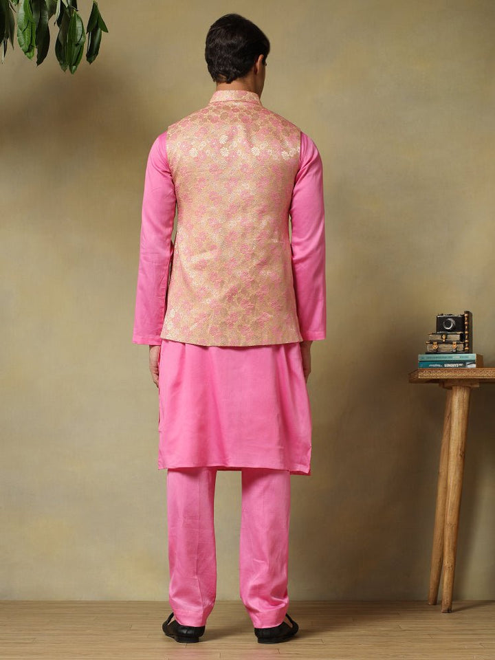 CHAAP MEN'S ROSE PINK DOLA SILK KURTA SET WITH BROCADE JACKET - Pomcha Jaipur