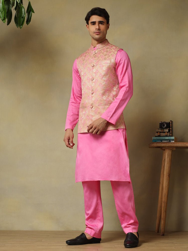CHAAP MEN'S ROSE PINK DOLA SILK KURTA SET WITH BROCADE JACKET - Pomcha Jaipur