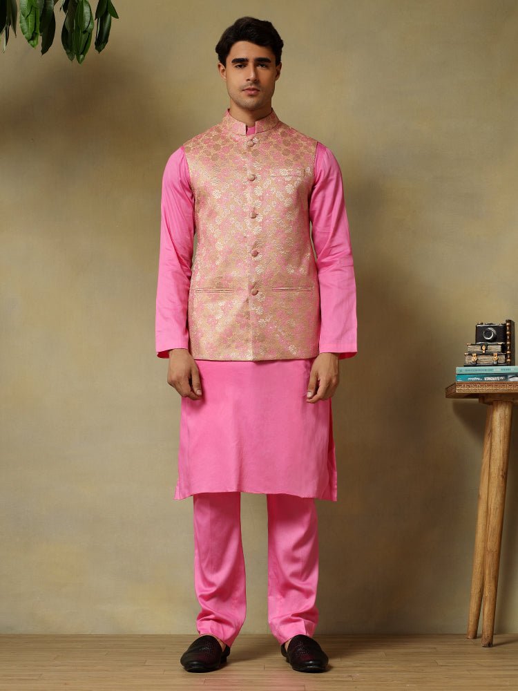 CHAAP MEN'S ROSE PINK DOLA SILK KURTA SET WITH BROCADE JACKET - Pomcha Jaipur