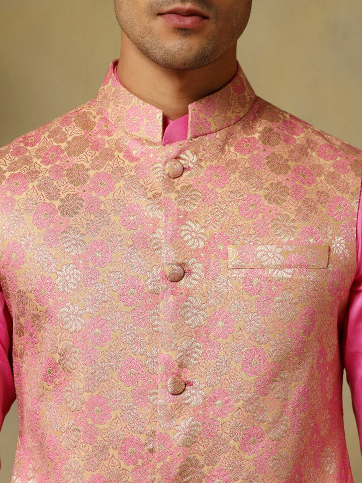 CHAAP MEN'S ROSE PINK DOLA SILK KURTA SET WITH BROCADE JACKET - Pomcha Jaipur