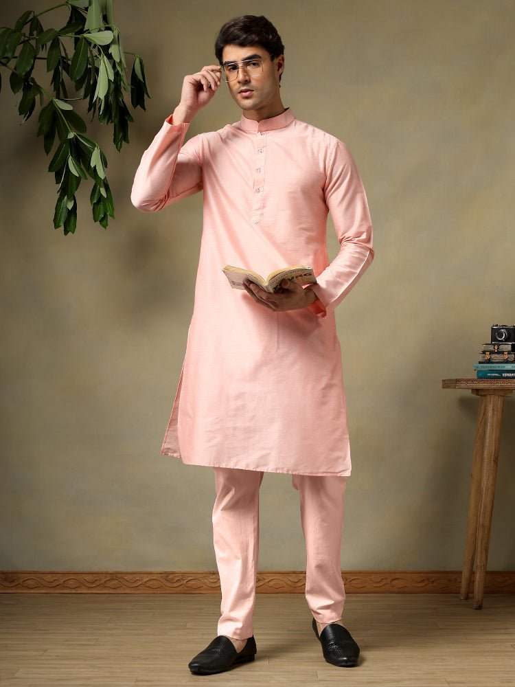 CHAAP MEN'S SALMON PINK COTTON SILK KURTA SET - Pomcha Jaipur