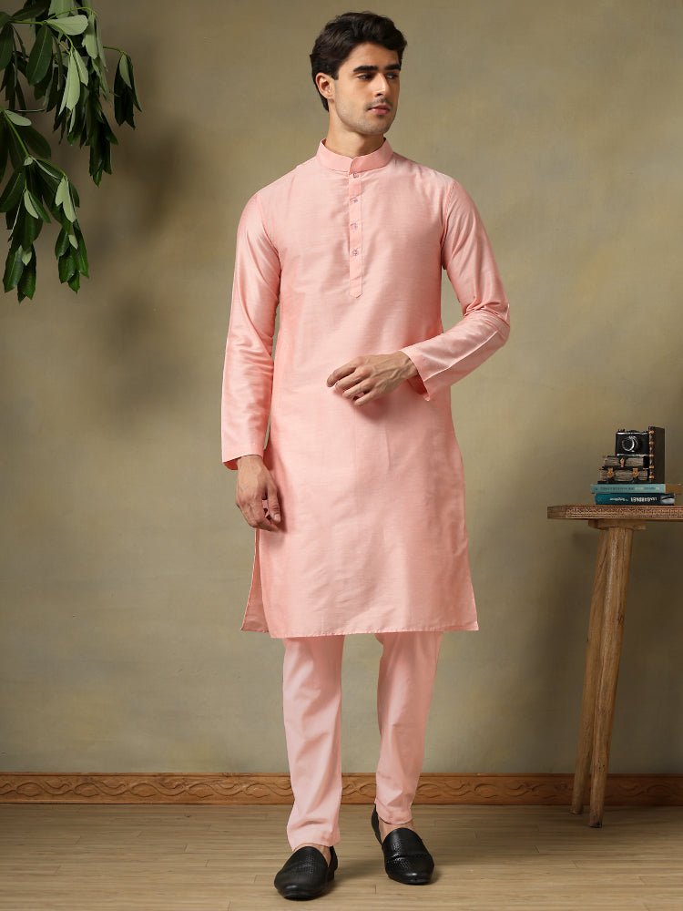 CHAAP MEN'S SALMON PINK COTTON SILK KURTA SET - Pomcha Jaipur