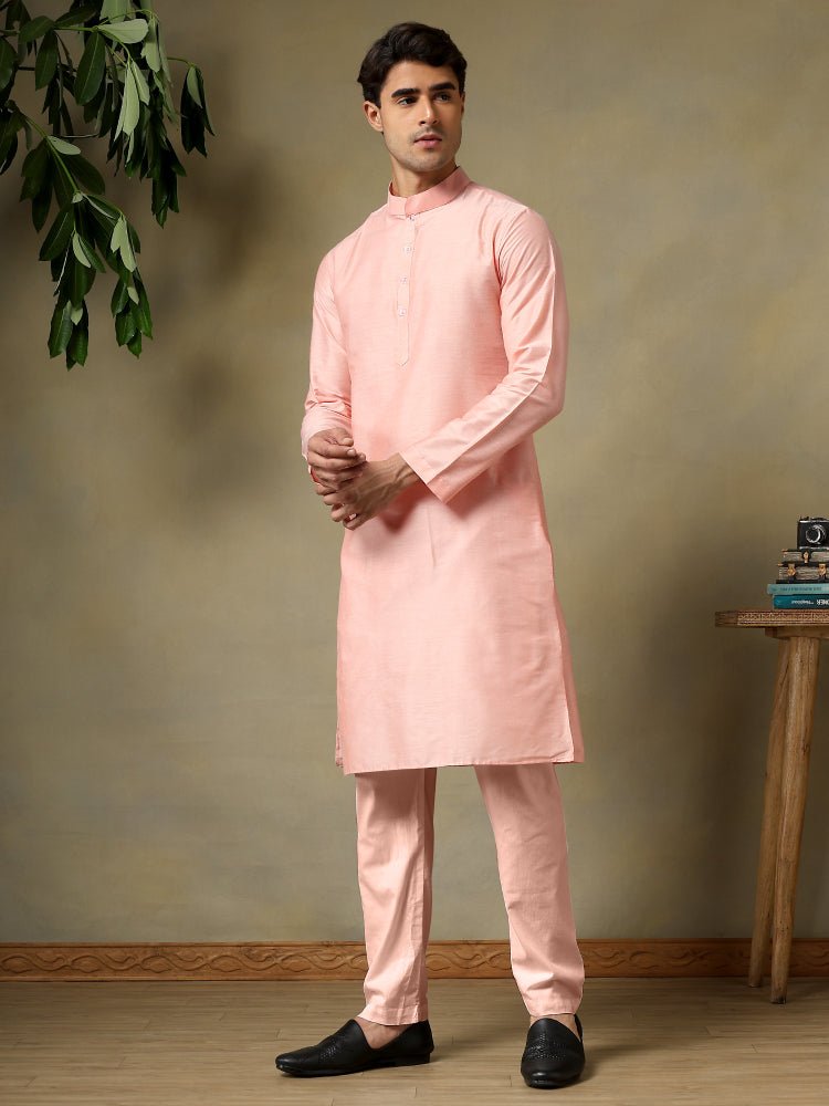 CHAAP MEN'S SALMON PINK COTTON SILK KURTA SET - Pomcha Jaipur