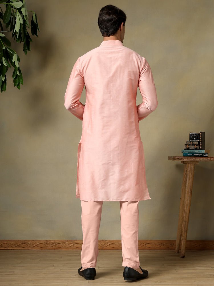 CHAAP MEN'S SALMON PINK COTTON SILK KURTA SET - Pomcha Jaipur