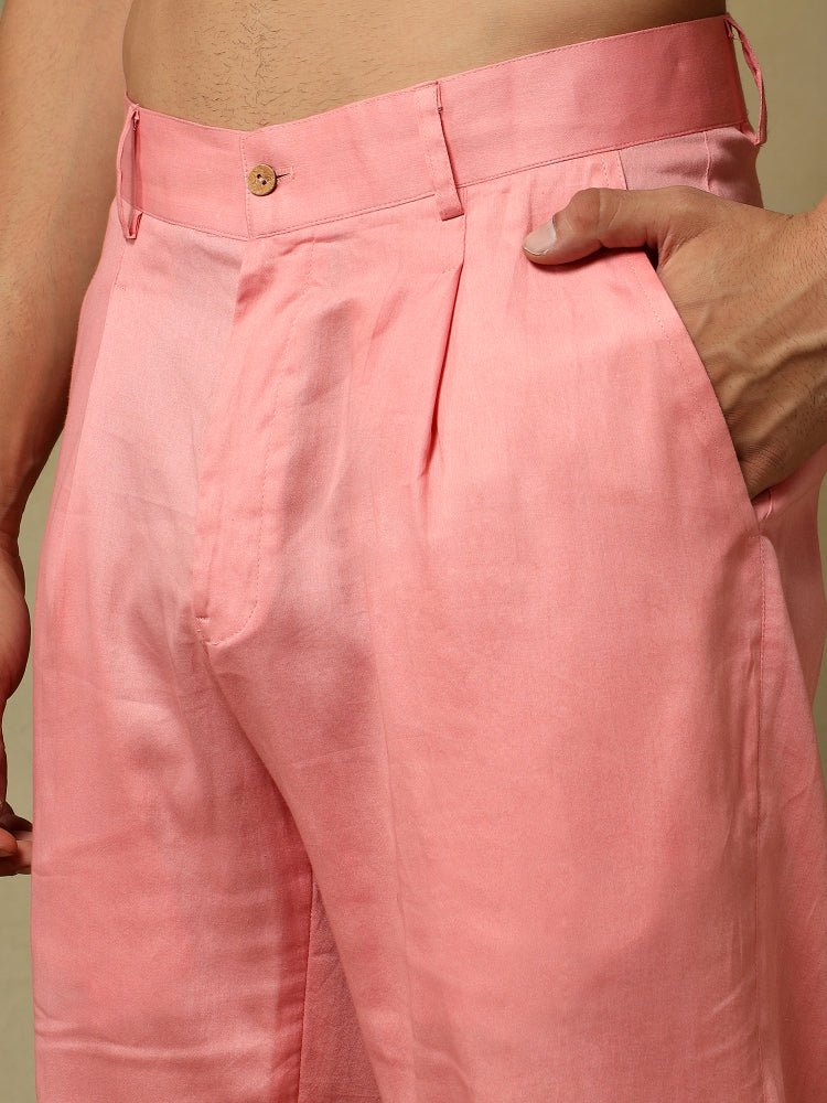 CHAAP MEN'S SALMON PINK DOLA SILK KURTA SET WITH BROCADE JACKET - Pomcha Jaipur