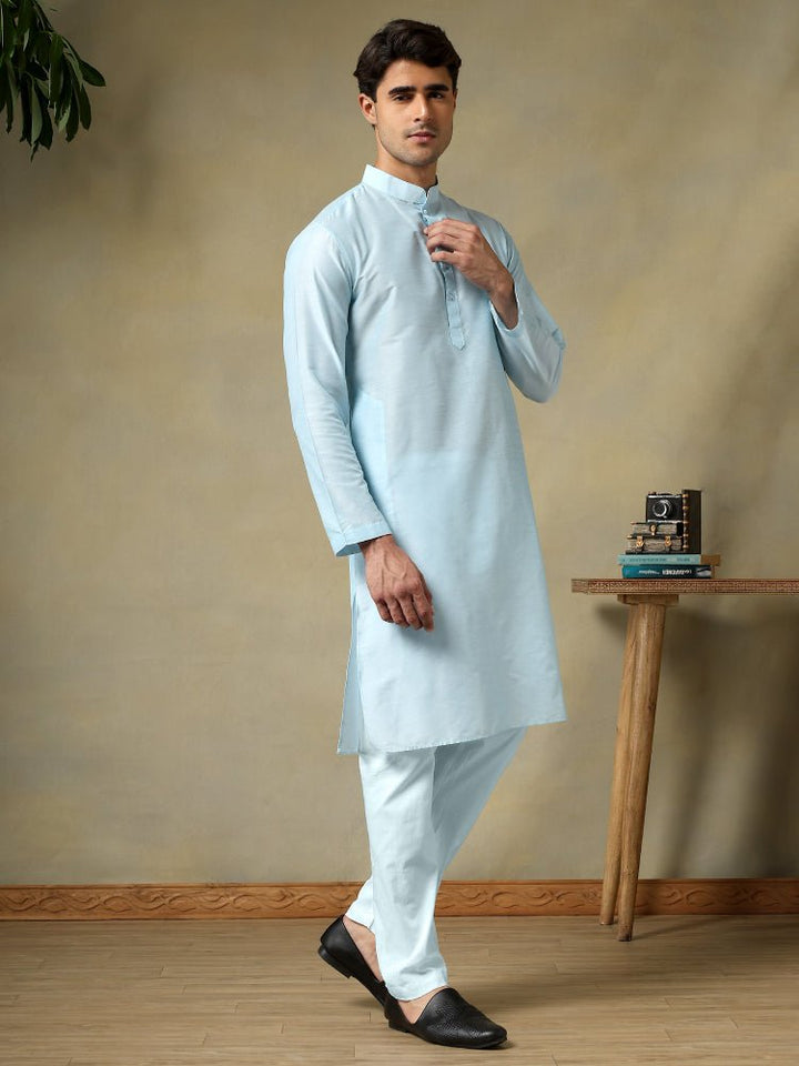 CHAAP MEN'S SKY BLUE COTTON SILK KURTA SET - Pomcha Jaipur
