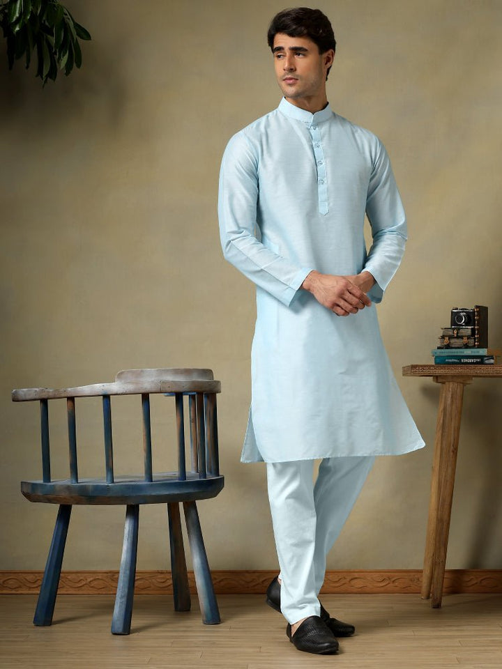 CHAAP MEN'S SKY BLUE COTTON SILK KURTA SET - Pomcha Jaipur