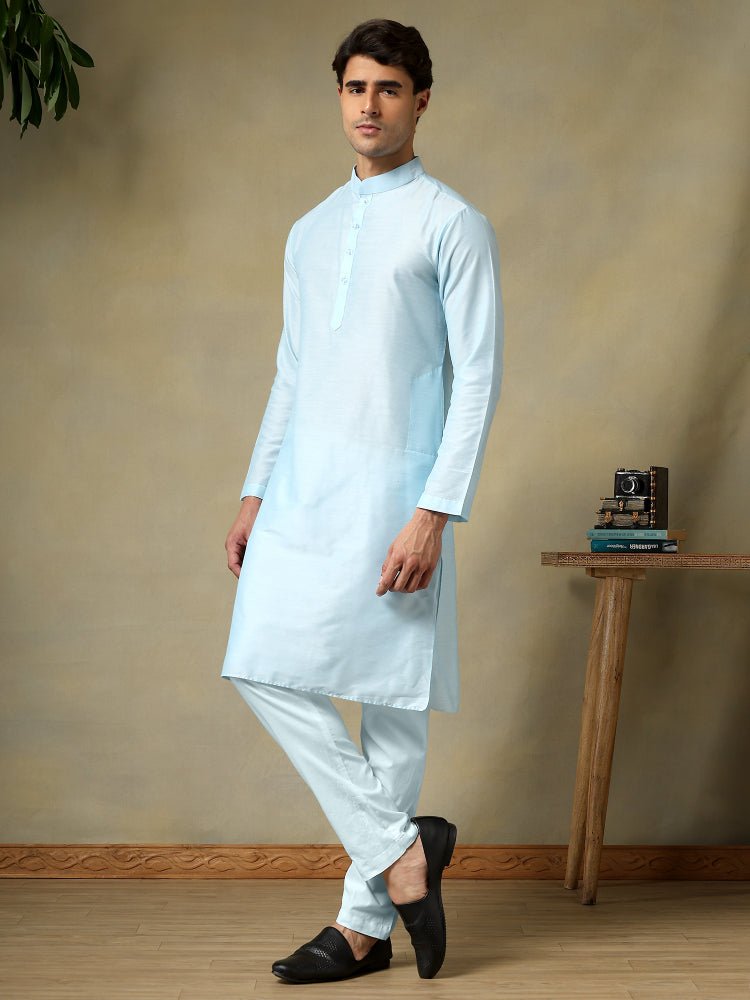 CHAAP MEN'S SKY BLUE COTTON SILK KURTA SET - Pomcha Jaipur