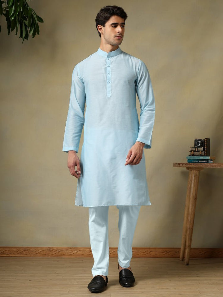 CHAAP MEN'S SKY BLUE COTTON SILK KURTA SET - Pomcha Jaipur