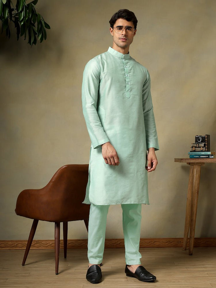 CHAAP MEN'S TURQUOISE COTTON SILK KURTA SET - Pomcha Jaipur