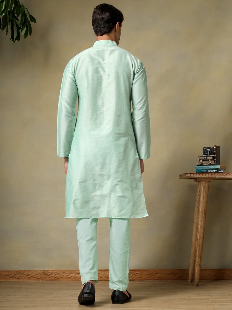 CHAAP MEN'S TURQUOISE COTTON SILK KURTA SET - Pomcha Jaipur