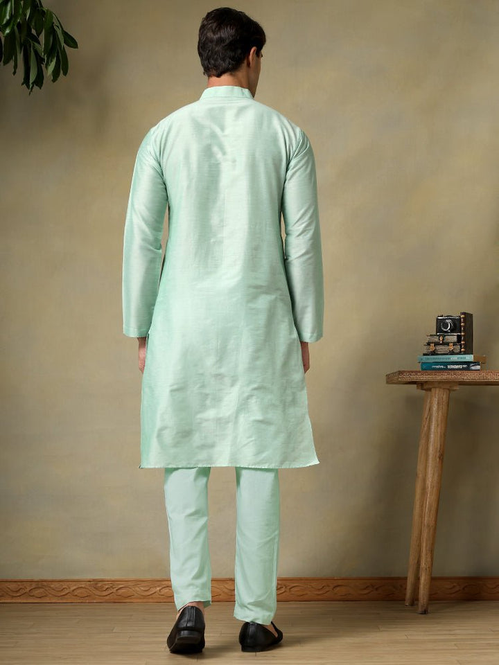 CHAAP MEN'S TURQUOISE COTTON SILK KURTA SET - Pomcha Jaipur