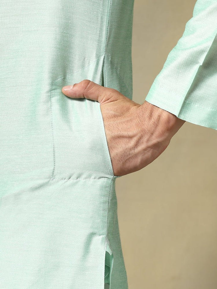 CHAAP MEN'S TURQUOISE COTTON SILK KURTA SET - Pomcha Jaipur