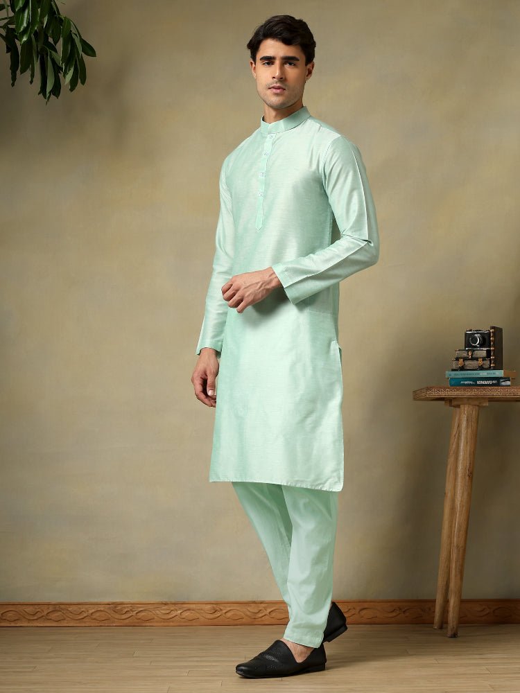 CHAAP MEN'S TURQUOISE COTTON SILK KURTA SET - Pomcha Jaipur