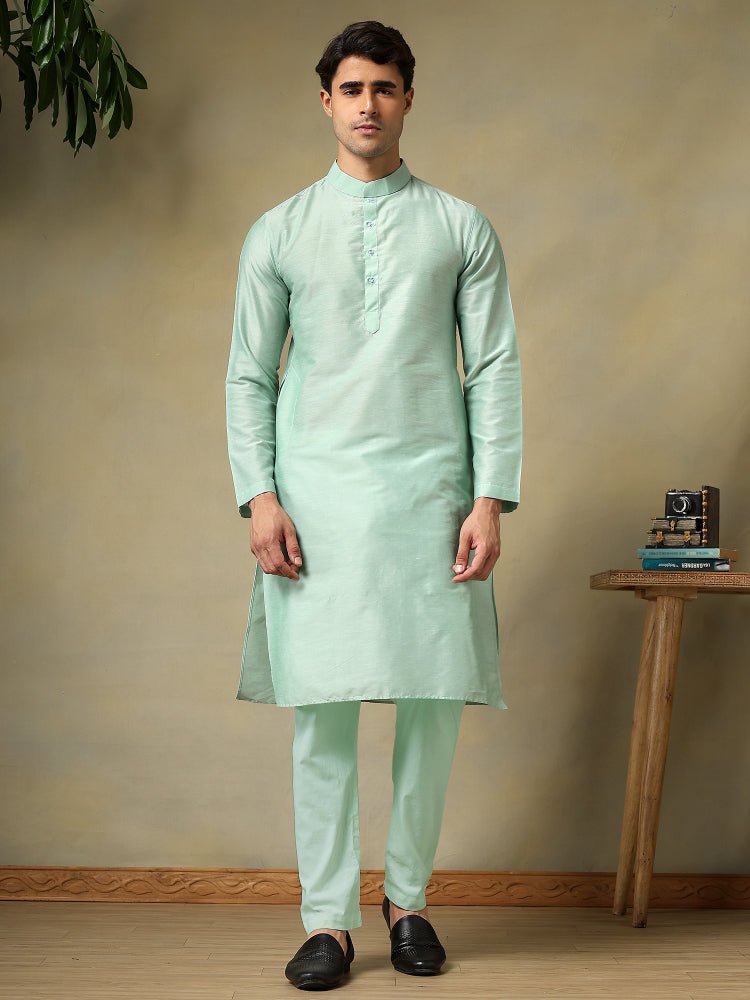 CHAAP MEN'S TURQUOISE COTTON SILK KURTA SET - Pomcha Jaipur