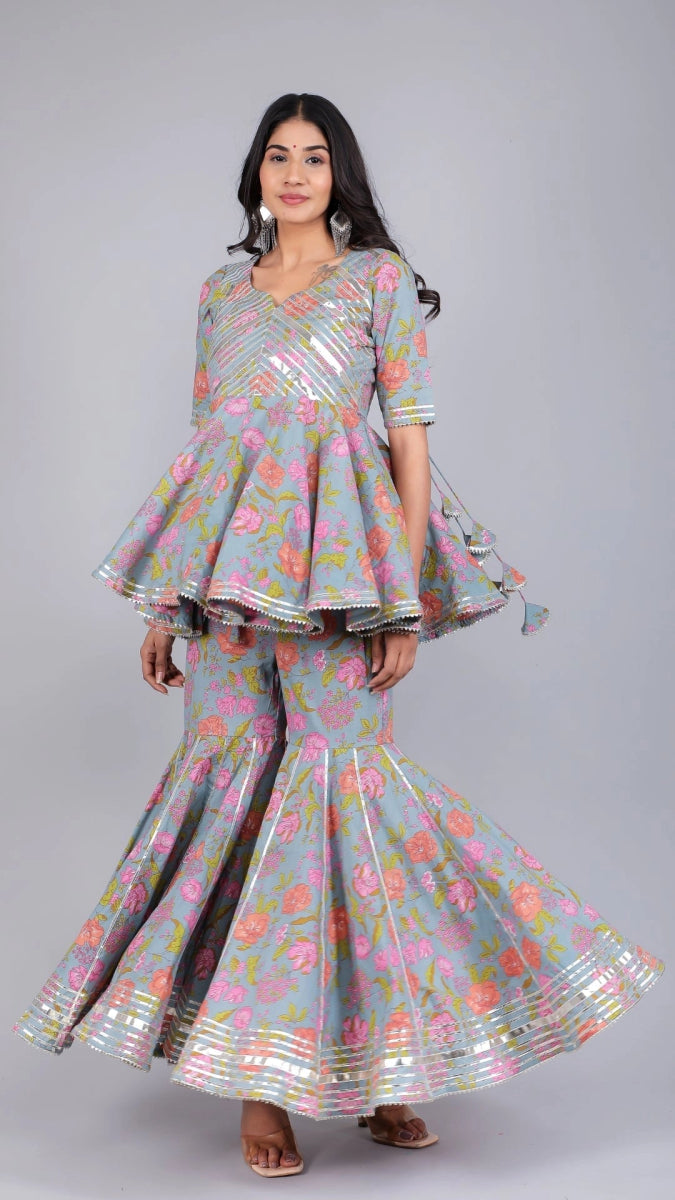 CHAAVI POWDER BLUE COTTON SHARARA SET - Pomcha Jaipur