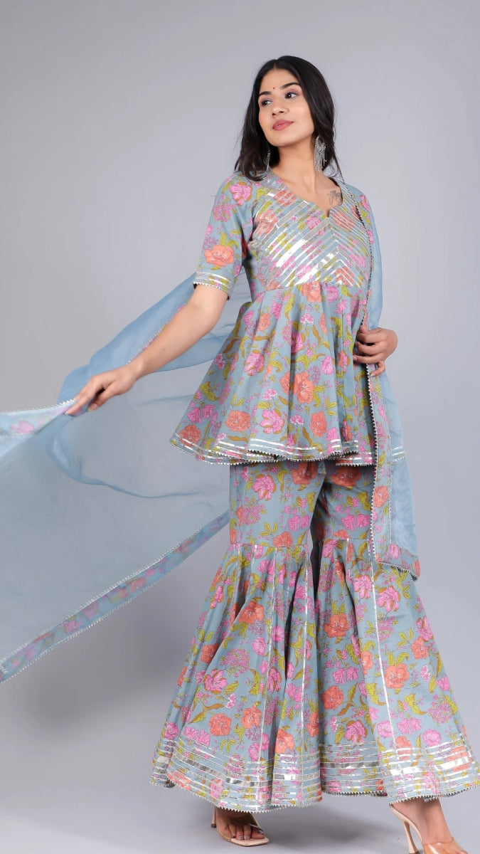 CHAAVI POWDER BLUE COTTON SHARARA SET - Pomcha Jaipur