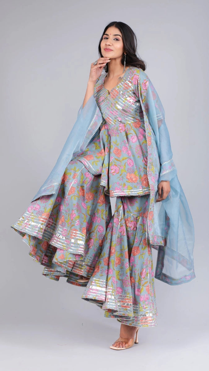 CHAAVI POWDER BLUE COTTON SHARARA SET - Pomcha Jaipur