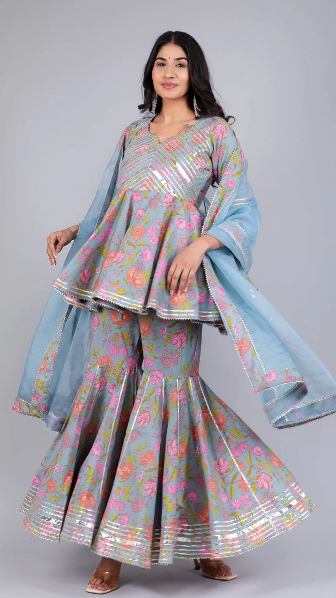 CHAAVI POWDER BLUE COTTON SHARARA SET - Pomcha Jaipur