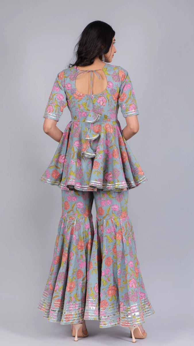 CHAAVI POWDER BLUE COTTON SHARARA SET - Pomcha Jaipur