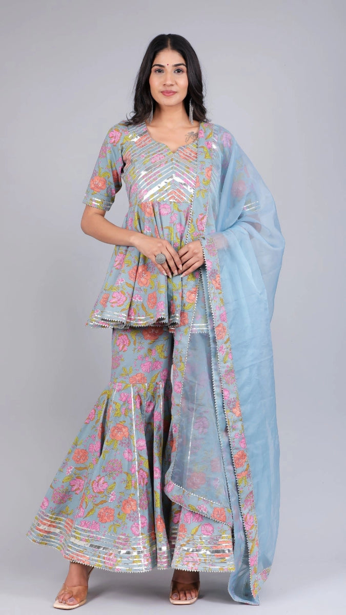 CHAAVI POWDER BLUE COTTON SHARARA SET - Pomcha Jaipur