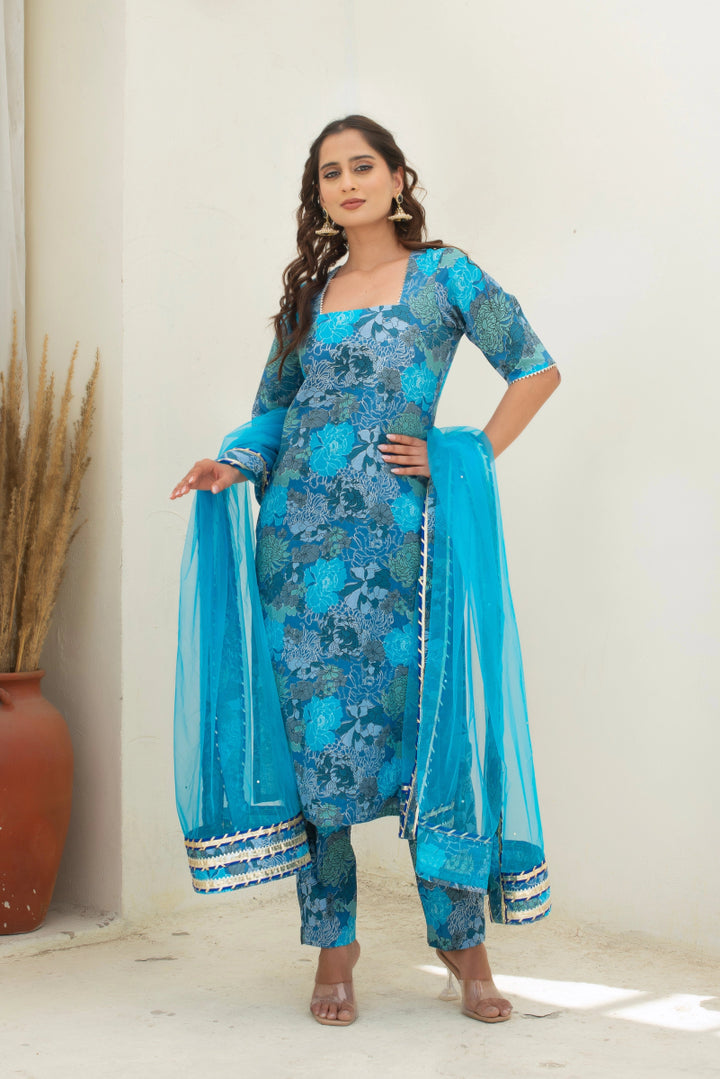 CHHIPA BAZAR AABIRA BLUE COTTON GOTA PATTI SUIT SET WITH SOFT NET DUPATTA - Pomcha Jaipur