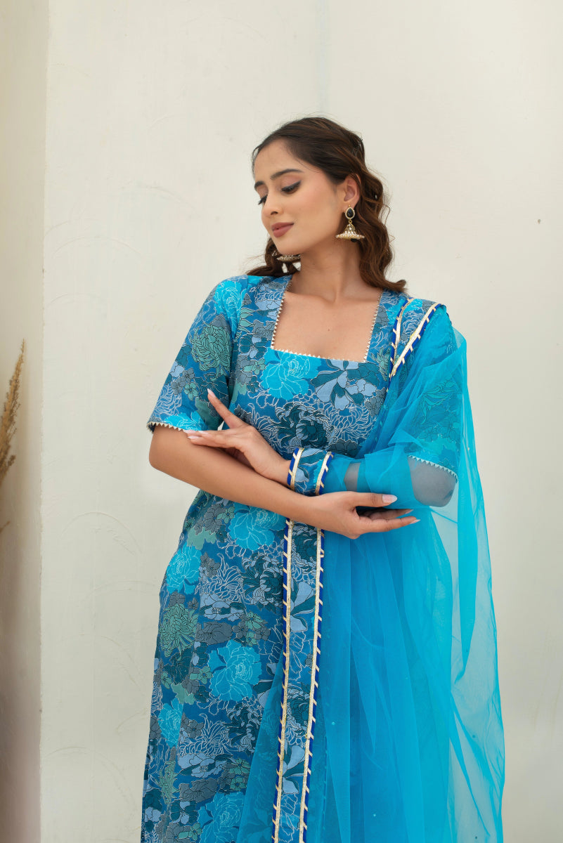CHHIPA BAZAR AABIRA BLUE COTTON GOTA PATTI SUIT SET WITH SOFT NET DUPATTA - Pomcha Jaipur