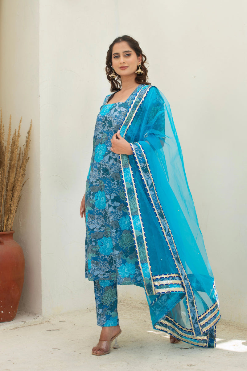 CHHIPA BAZAR AABIRA BLUE COTTON GOTA PATTI SUIT SET WITH SOFT NET DUPATTA - Pomcha Jaipur