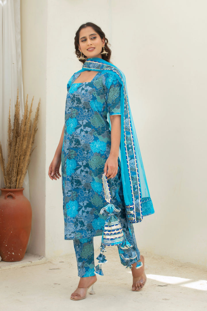 CHHIPA BAZAR AABIRA BLUE COTTON GOTA PATTI SUIT SET WITH SOFT NET DUPATTA - Pomcha Jaipur
