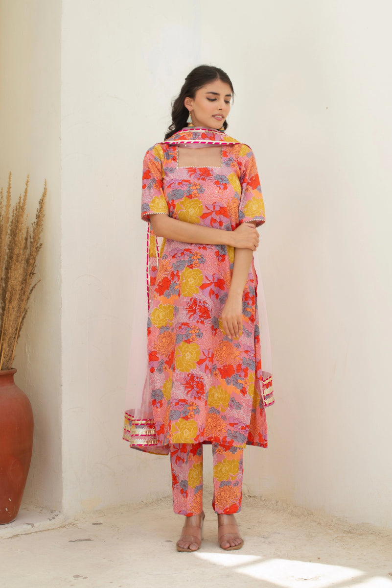 CHHIPA BAZAR AABIRA PINK COTTON GOTA PATTI SUIT SET WITH SOFT NET DUPATTA - Pomcha Jaipur