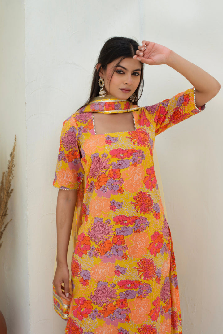 CHHIPA BAZAR AABIRA YELLOW COTTON GOTA PATTI SUIT SET WITH SOFT NET DUPATTA - Pomcha Jaipur
