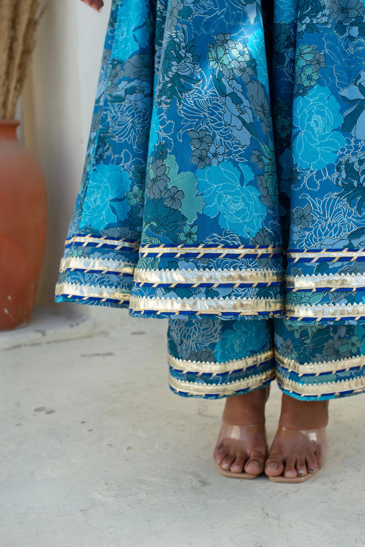 CHHIPA BAZAR AABROO BLUE COTTON GOTA PATTI ANARKALI SET WITH SOFT NET DUPATTA - Pomcha Jaipur