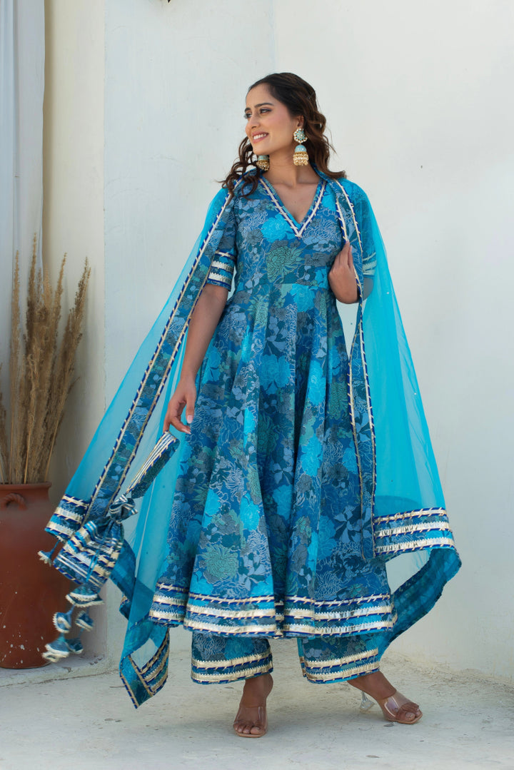 CHHIPA BAZAR AABROO BLUE COTTON GOTA PATTI ANARKALI SET WITH SOFT NET DUPATTA - Pomcha Jaipur