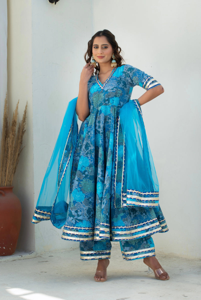 CHHIPA BAZAR AABROO BLUE COTTON GOTA PATTI ANARKALI SET WITH SOFT NET DUPATTA - Pomcha Jaipur