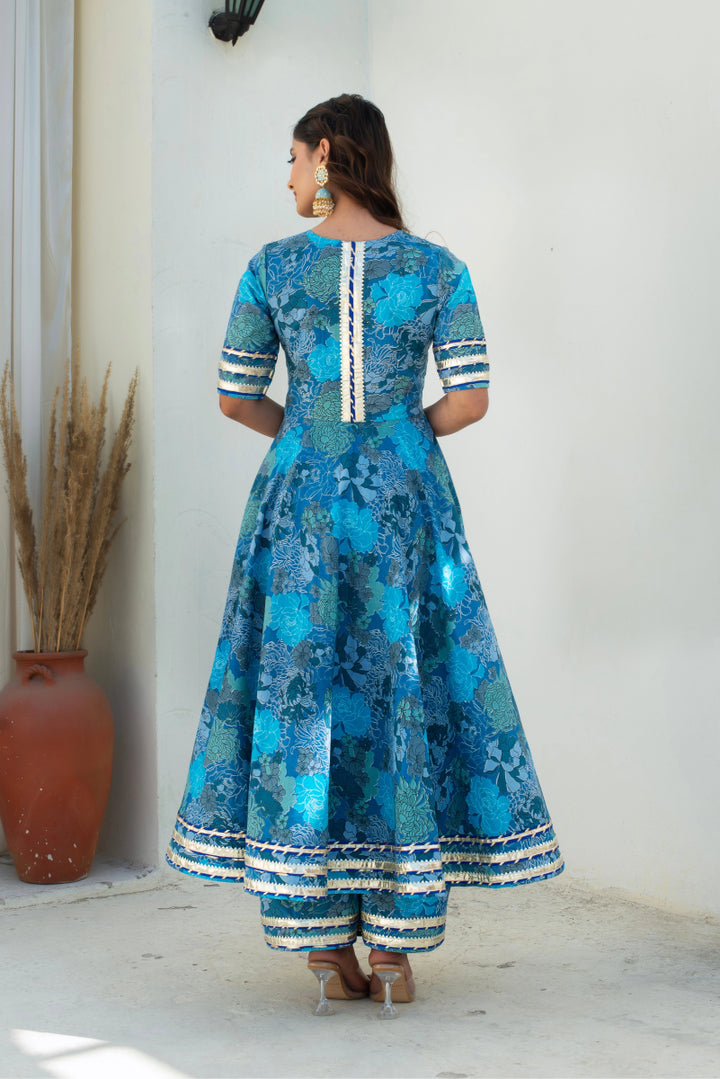 CHHIPA BAZAR AABROO BLUE COTTON GOTA PATTI ANARKALI SET WITH SOFT NET DUPATTA - Pomcha Jaipur