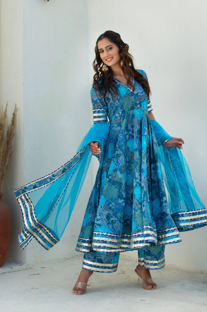 CHHIPA BAZAR AABROO BLUE COTTON GOTA PATTI ANARKALI SET WITH SOFT NET DUPATTA - Pomcha Jaipur
