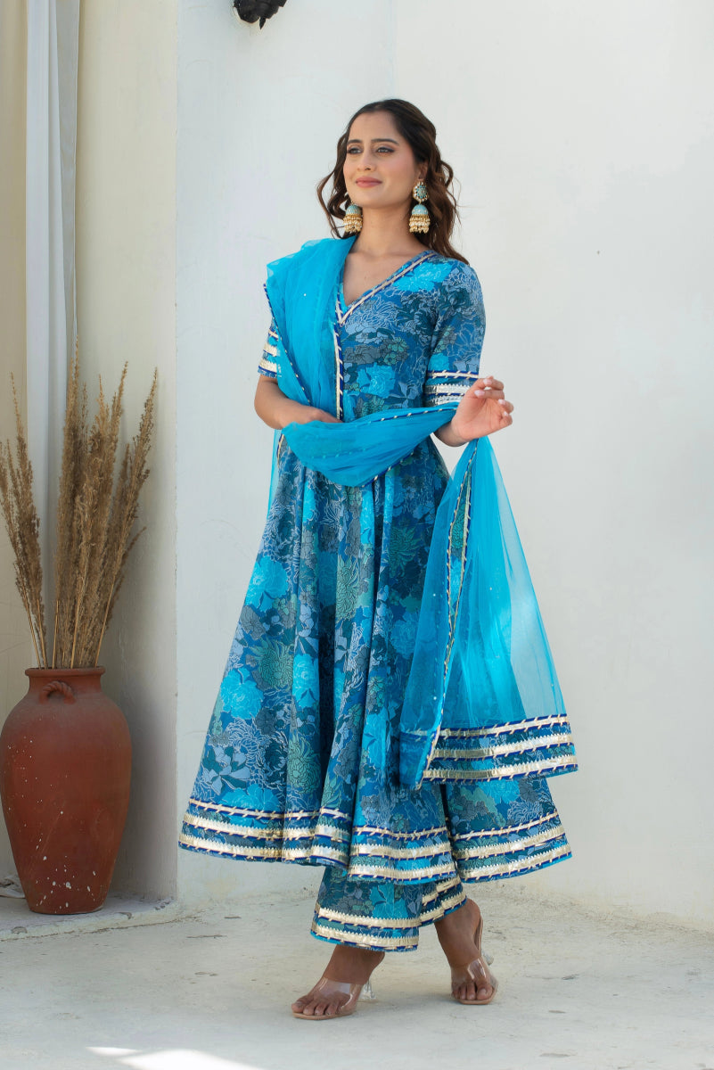 CHHIPA BAZAR AABROO BLUE COTTON GOTA PATTI ANARKALI SET WITH SOFT NET DUPATTA - Pomcha Jaipur