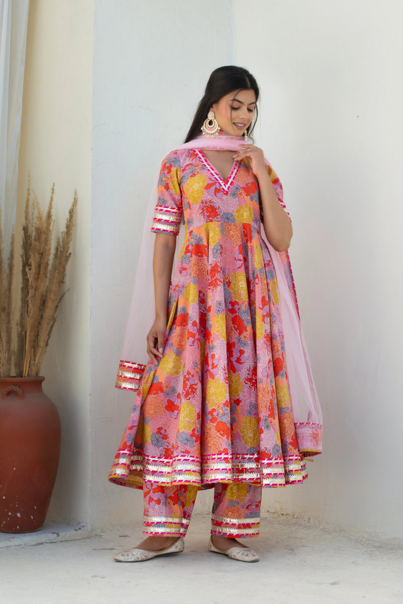 CHHIPA BAZAR AABROO PINK COTTON GOTA PATTI ANARKALI SET WITH SOFT NET DUPATTA - Pomcha Jaipur