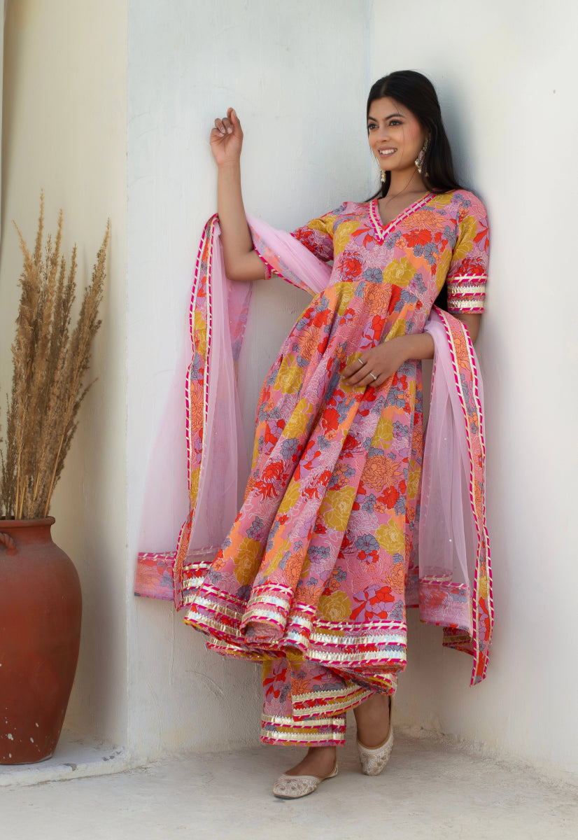 CHHIPA BAZAR AABROO PINK COTTON GOTA PATTI ANARKALI SET WITH SOFT NET DUPATTA - Pomcha Jaipur