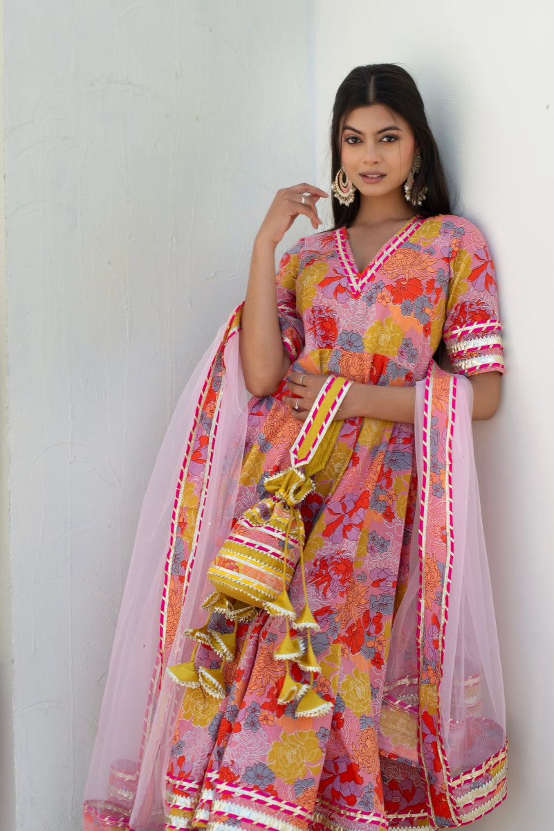 CHHIPA BAZAR AABROO PINK COTTON GOTA PATTI ANARKALI SET WITH SOFT NET DUPATTA - Pomcha Jaipur