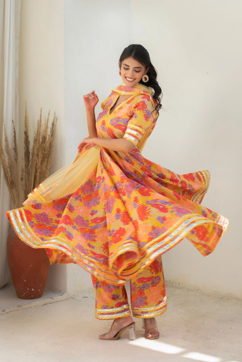 CHHIPA BAZAR AABROO YELLOW COTTON GOTA PATTI ANARKALI SET WITH SOFT NET DUPATTA - Pomcha Jaipur