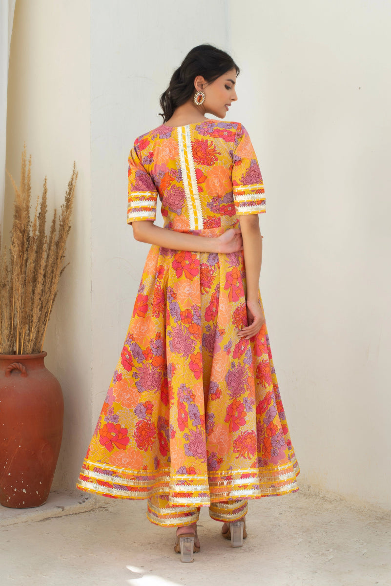 CHHIPA BAZAR AABROO YELLOW COTTON GOTA PATTI ANARKALI SET WITH SOFT NET DUPATTA - Pomcha Jaipur