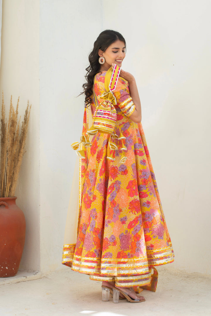 CHHIPA BAZAR AABROO YELLOW COTTON GOTA PATTI ANARKALI SET WITH SOFT NET DUPATTA - Pomcha Jaipur