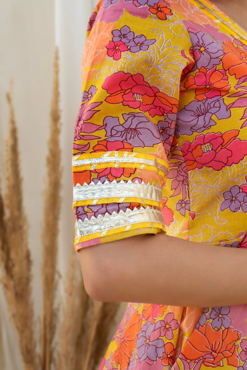 CHHIPA BAZAR AABROO YELLOW COTTON GOTA PATTI ANARKALI SET WITH SOFT NET DUPATTA - Pomcha Jaipur