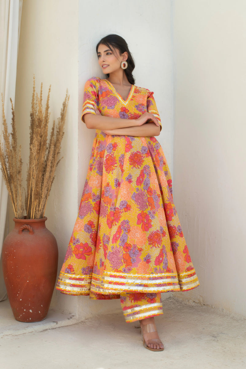 CHHIPA BAZAR AABROO YELLOW COTTON GOTA PATTI ANARKALI SET WITH SOFT NET DUPATTA - Pomcha Jaipur
