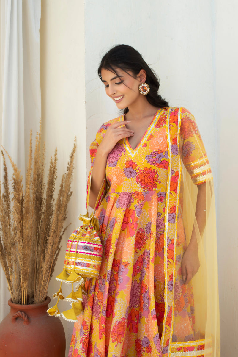 CHHIPA BAZAR AABROO YELLOW COTTON GOTA PATTI ANARKALI SET WITH SOFT NET DUPATTA - Pomcha Jaipur