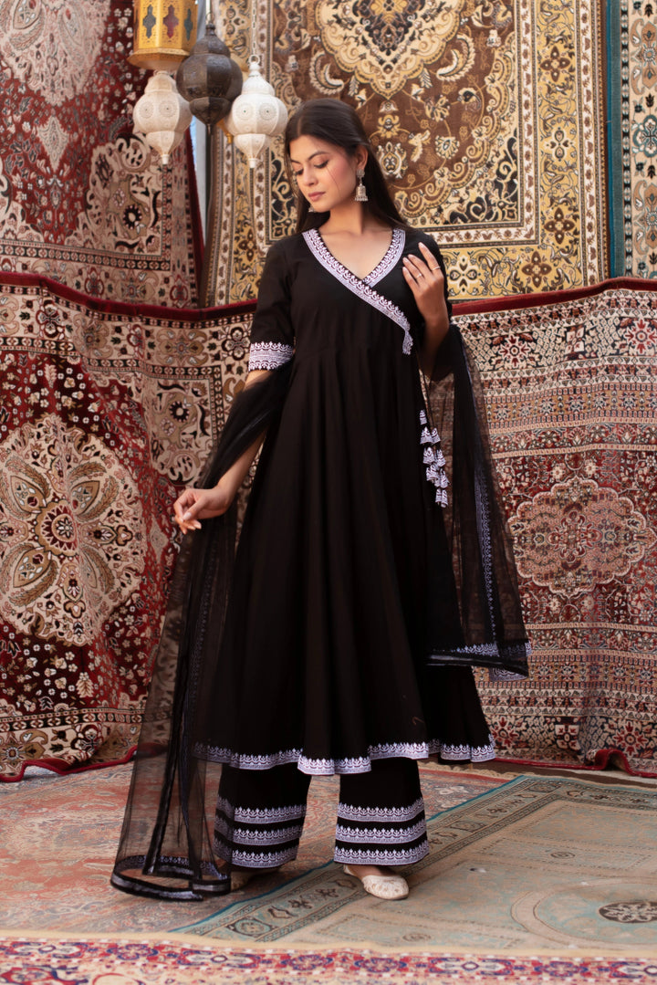 CHHIPA BAZAR BLACK EMBROIDERY COTTON ANGRAKHA SET WITH SOFT NET DUPATTA - Pomcha Jaipur